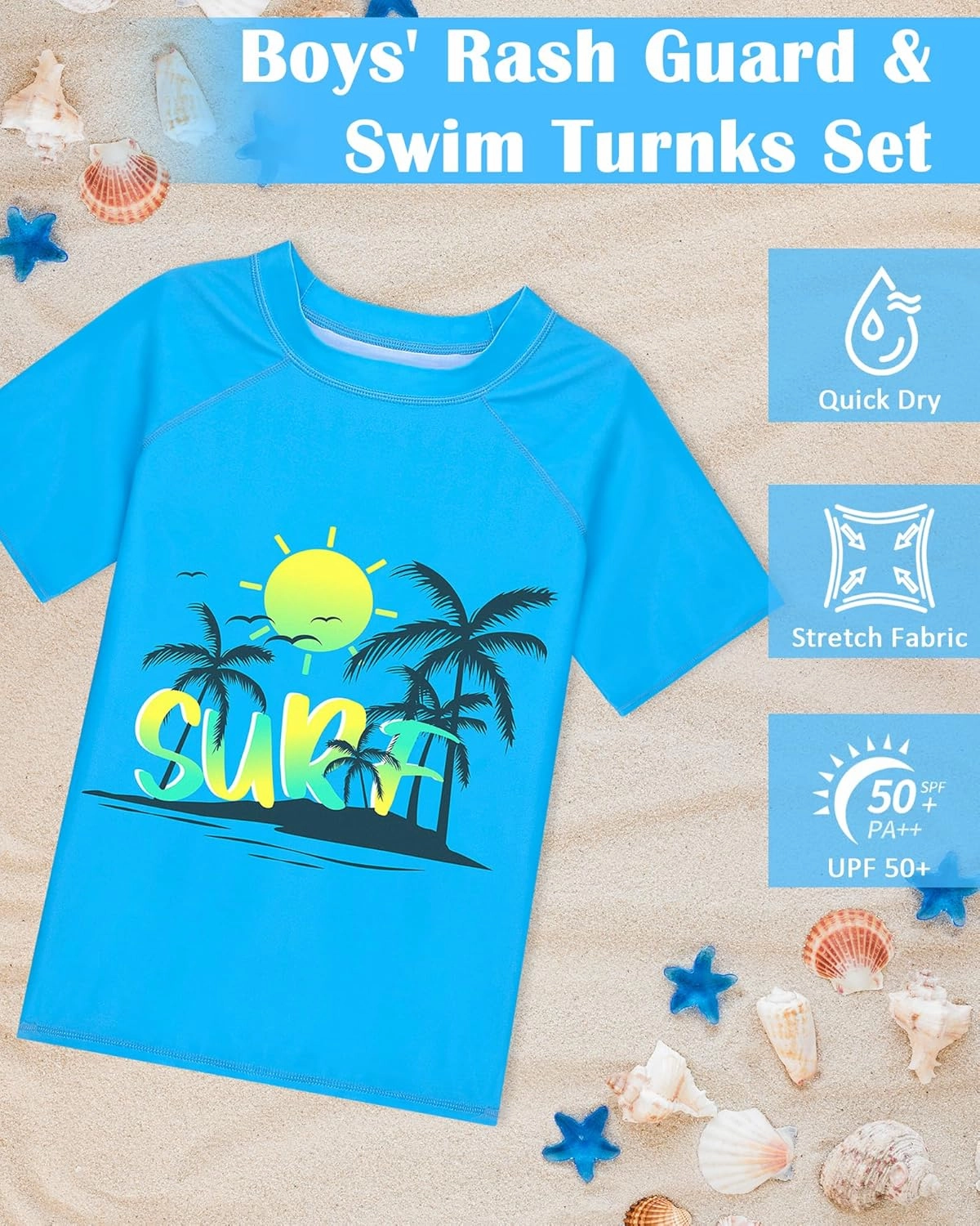 Boys Two Piece Rash Guard Swimsuits Sets Kids Short Sleeve Swim Shirts Bathing Suit with Swim Trunks Swimwear Set