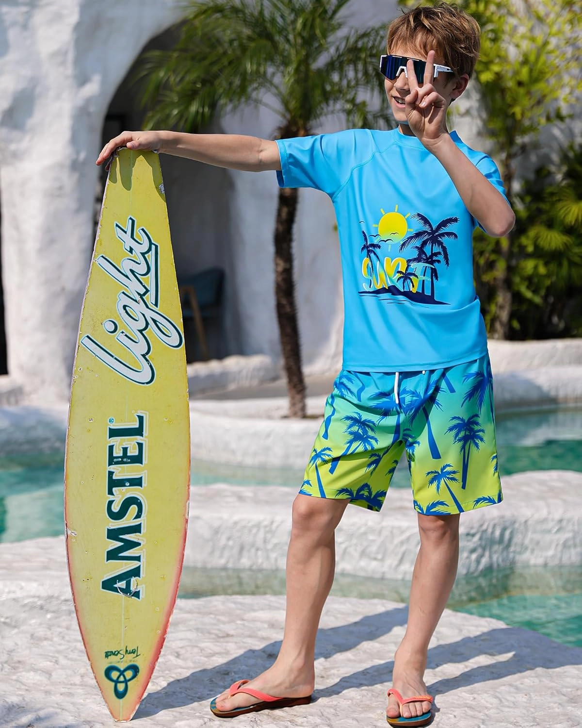 Boys Two Piece Rash Guard Swimsuits Sets Kids Short Sleeve Swim Shirts Bathing Suit with Swim Trunks Swimwear Set
