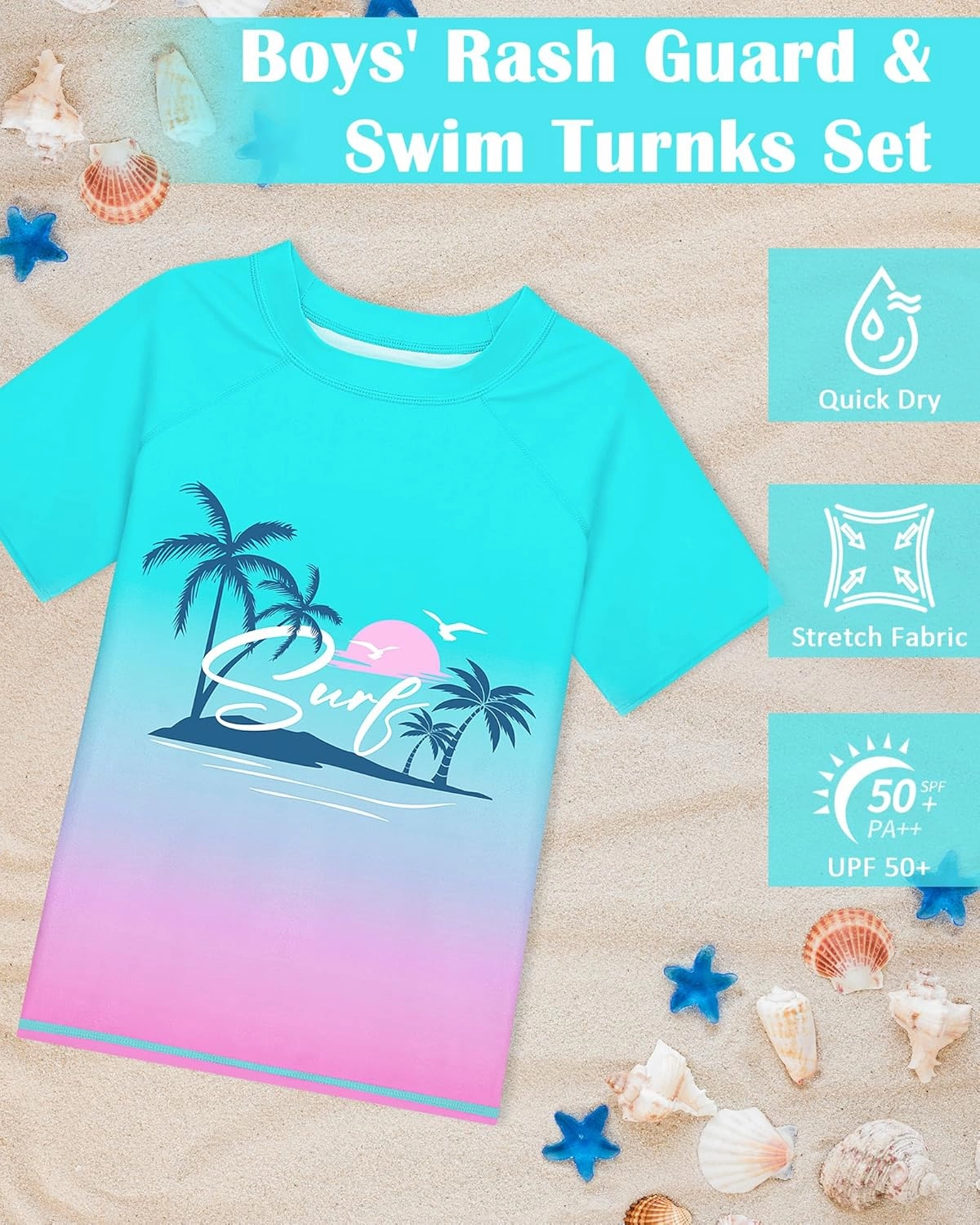 Boys Two Piece Rash Guard Swimsuits Sets Kids Short Sleeve Swim Shirts Bathing Suit with Swim Trunks Swimwear Set