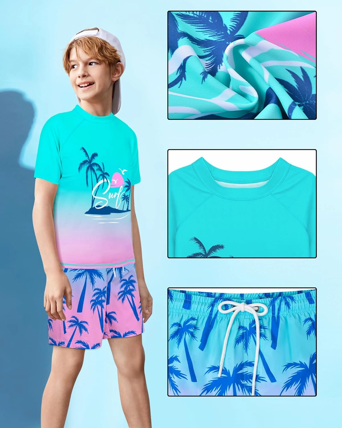 Boys Two Piece Rash Guard Swimsuits Sets Kids Short Sleeve Swim Shirts Bathing Suit with Swim Trunks Swimwear Set