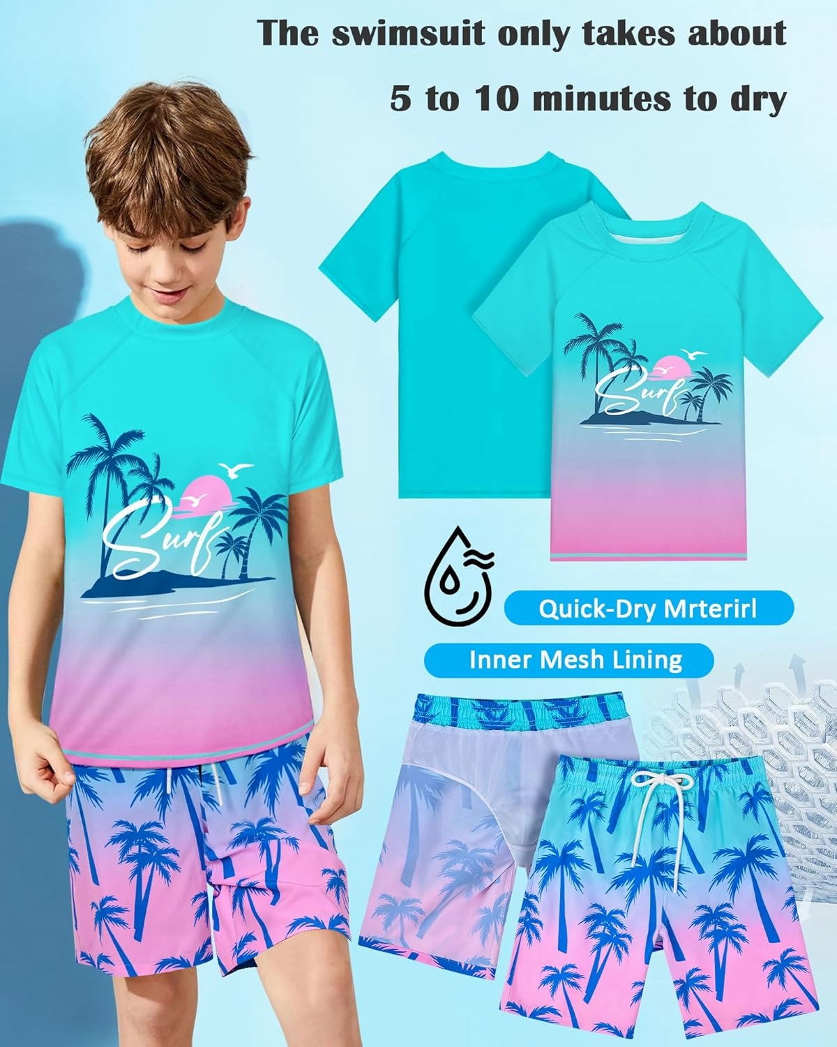Boys Two Piece Rash Guard Swimsuits Sets Kids Short Sleeve Swim Shirts Bathing Suit with Swim Trunks Swimwear Set