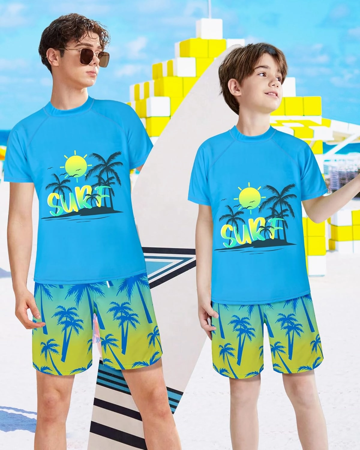 Boys Two Piece Rash Guard Swimsuits Sets Kids Short Sleeve Swim Shirts Bathing Suit with Swim Trunks Swimwear Set