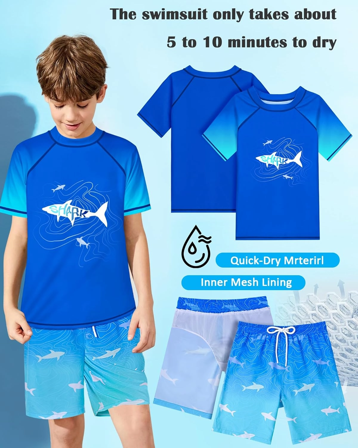 Boys Two Piece Rash Guard Swimsuits Sets Kids Short Sleeve Swim Shirts Bathing Suit with Swim Trunks Swimwear Set