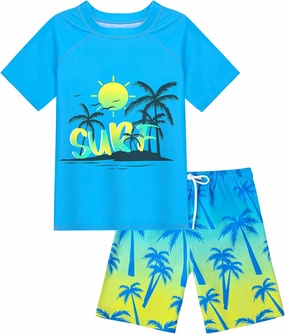 Boys Two Piece Rash Guard Swimsuits Sets Kids Short Sleeve Swim Shirts Bathing Suit with Swim Trunks Swimwear Set