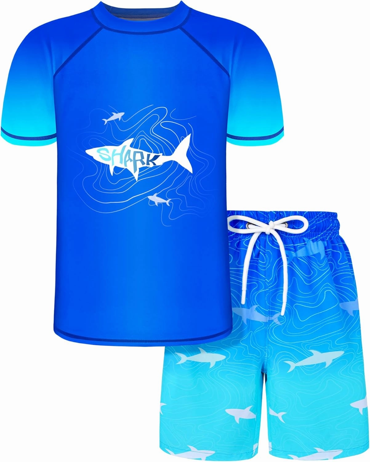 Boys Two Piece Rash Guard Swimsuits Sets Kids Short Sleeve Swim Shirts Bathing Suit with Swim Trunks Swimwear Set