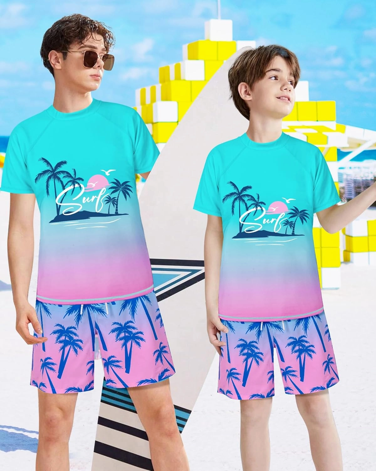 Boys Two Piece Rash Guard Swimsuits Sets Kids Short Sleeve Swim Shirts Bathing Suit with Swim Trunks Swimwear Set
