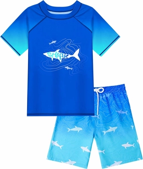 Boys Two Piece Rash Guard Swimsuits Sets Kids Short Sleeve Swim Shirts Bathing Suit with Swim Trunks Swimwear Set