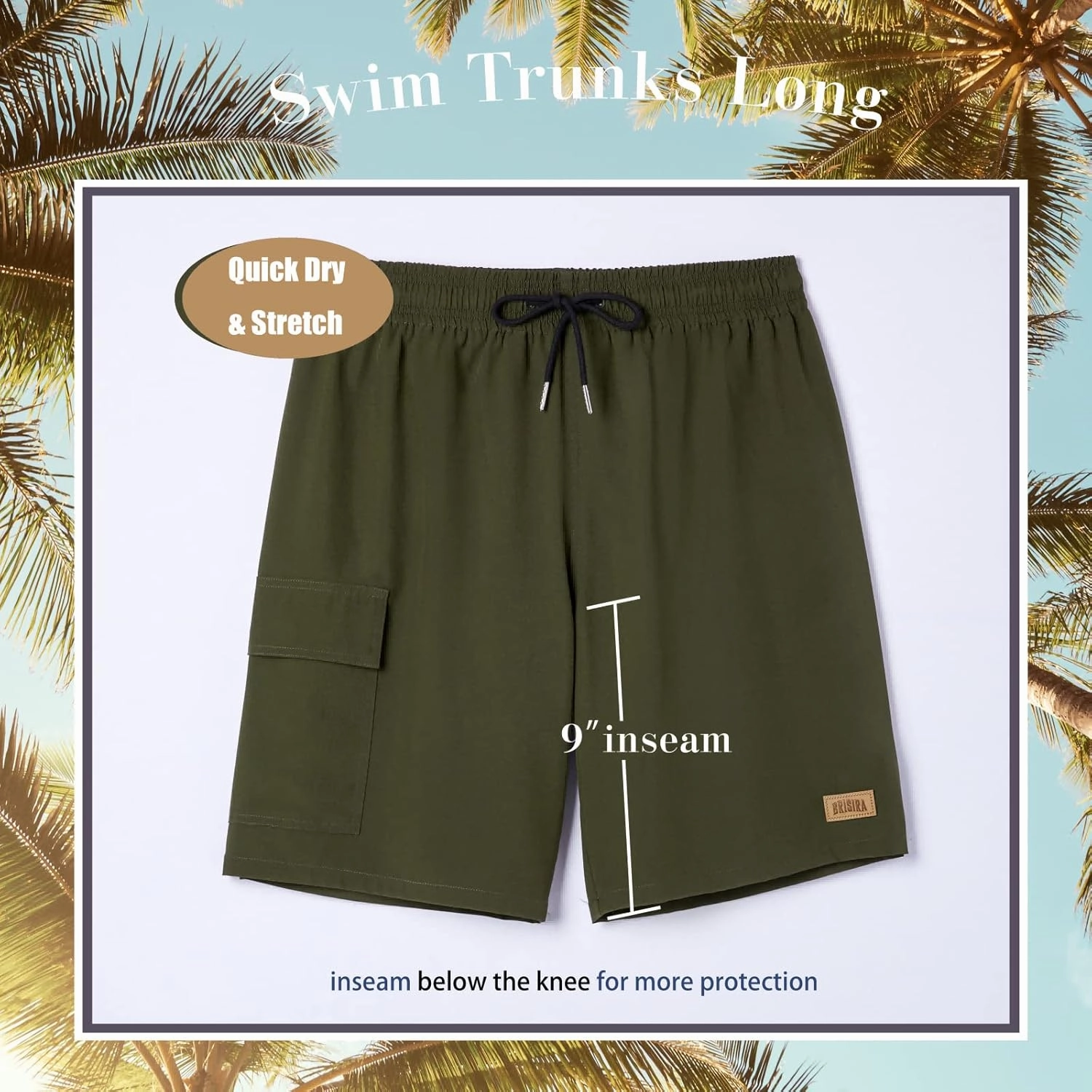BRISIRA Mens Swim Trunks 9 Inch Inseam Board Shorts with Compression Liner Swimsuit Bathing Suit Quick Dry Cargo Pocket