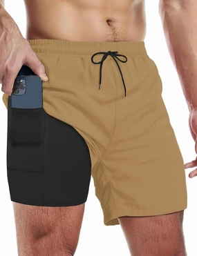 Buauty Mens Swim Trunks with Compression Liner 5 Inch Inseam Quick Dry Swim Shorts Mens Swimsuit Board Shorts with Pockets