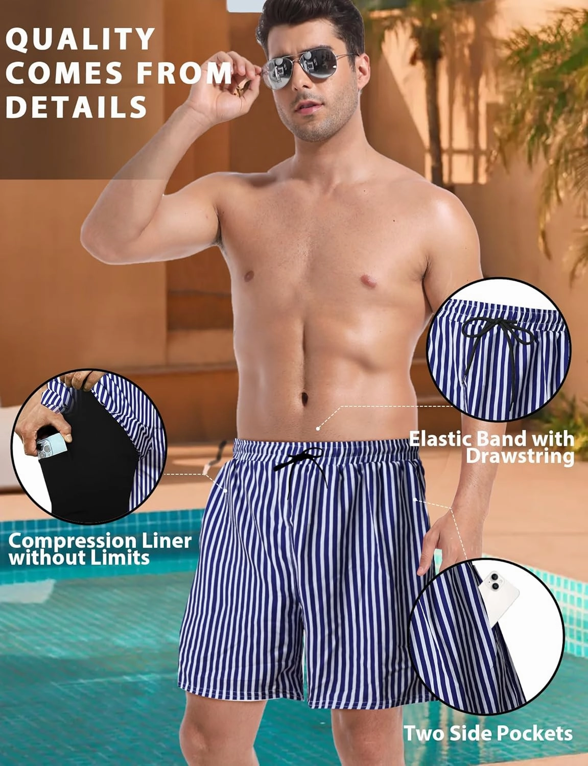 Buauty Mens Swim Trunks with Compression Liner 5 Inch Inseam Quick Dry Swim Shorts Mens Swimsuit Board Shorts with Pockets