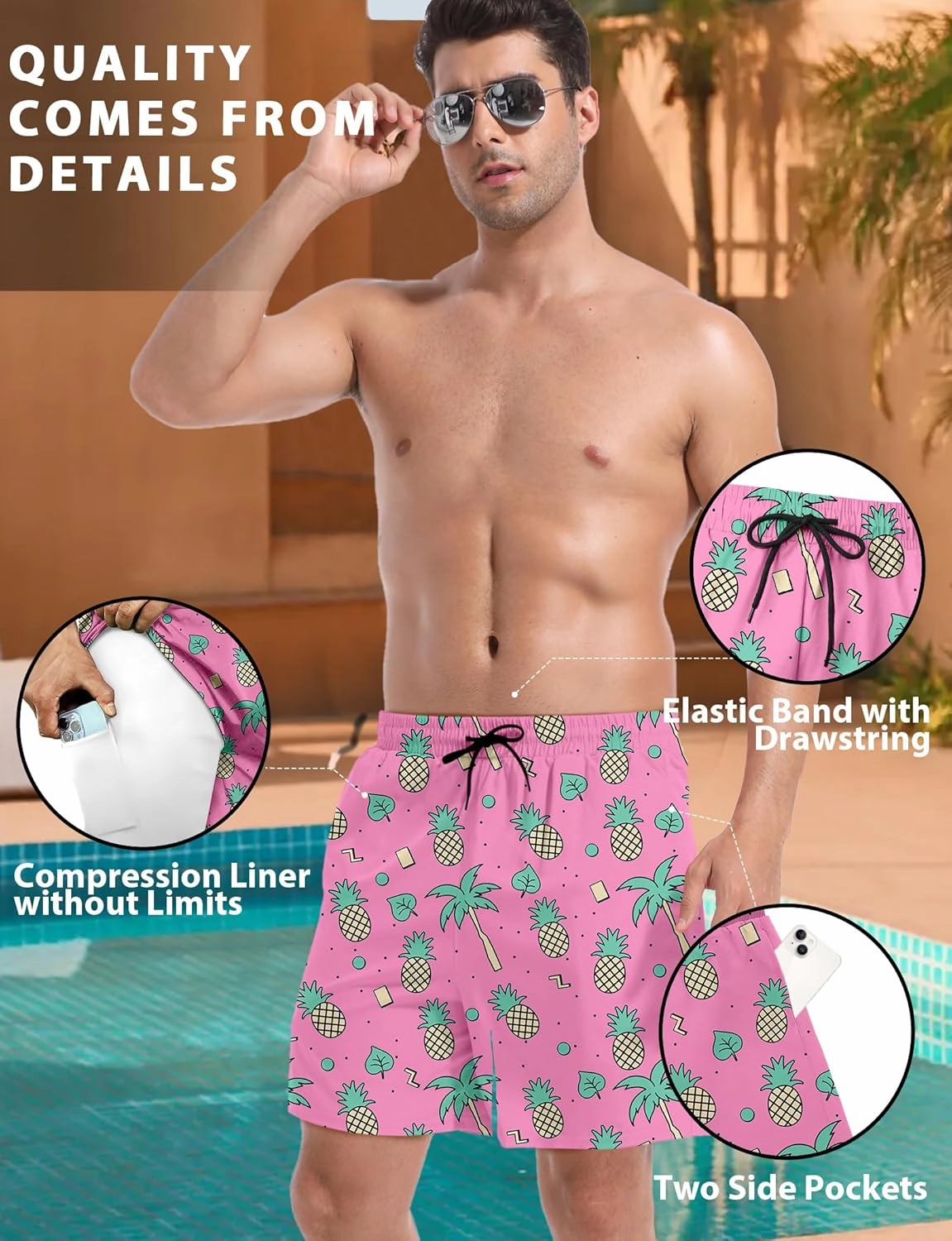 Buauty Mens Swim Trunks with Compression Liner 5 Inch Inseam Quick Dry Swim Shorts Mens Swimsuit Board Shorts with Pockets