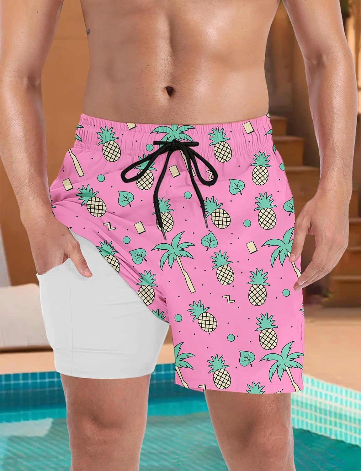 Buauty Mens Swim Trunks with Compression Liner 5 Inch Inseam Quick Dry Swim Shorts Mens Swimsuit Board Shorts with Pockets