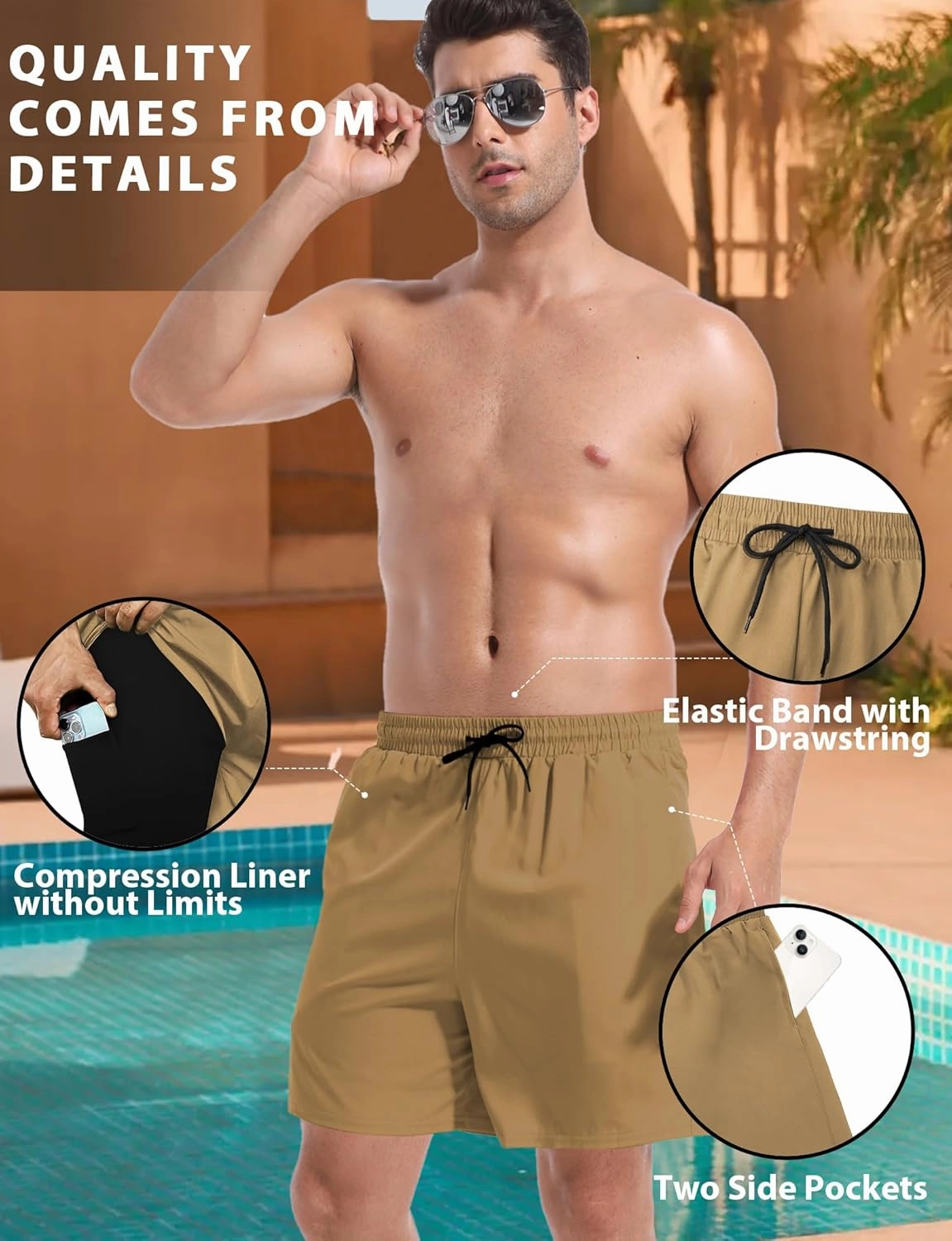 Buauty Mens Swim Trunks with Compression Liner 5 Inch Inseam Quick Dry Swim Shorts Mens Swimsuit Board Shorts with Pockets