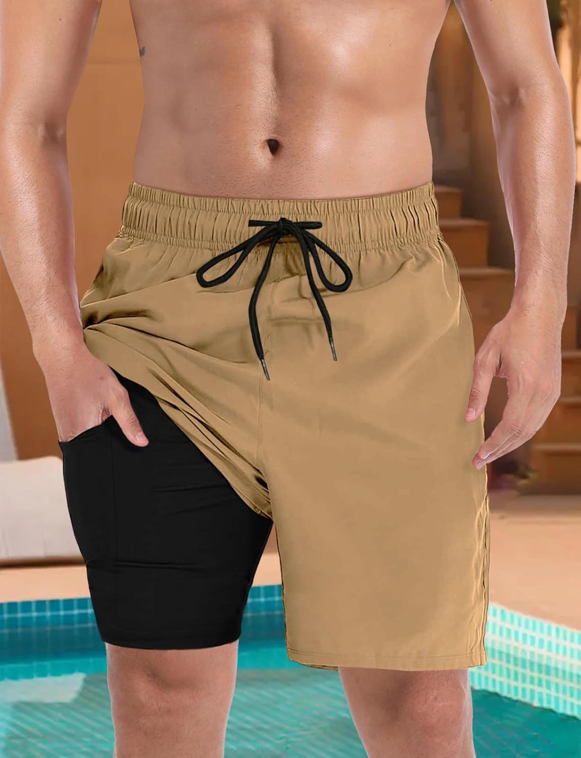 Buauty Mens Swim Trunks with Compression Liner 5 Inch Inseam Quick Dry Swim Shorts Mens Swimsuit Board Shorts with Pockets