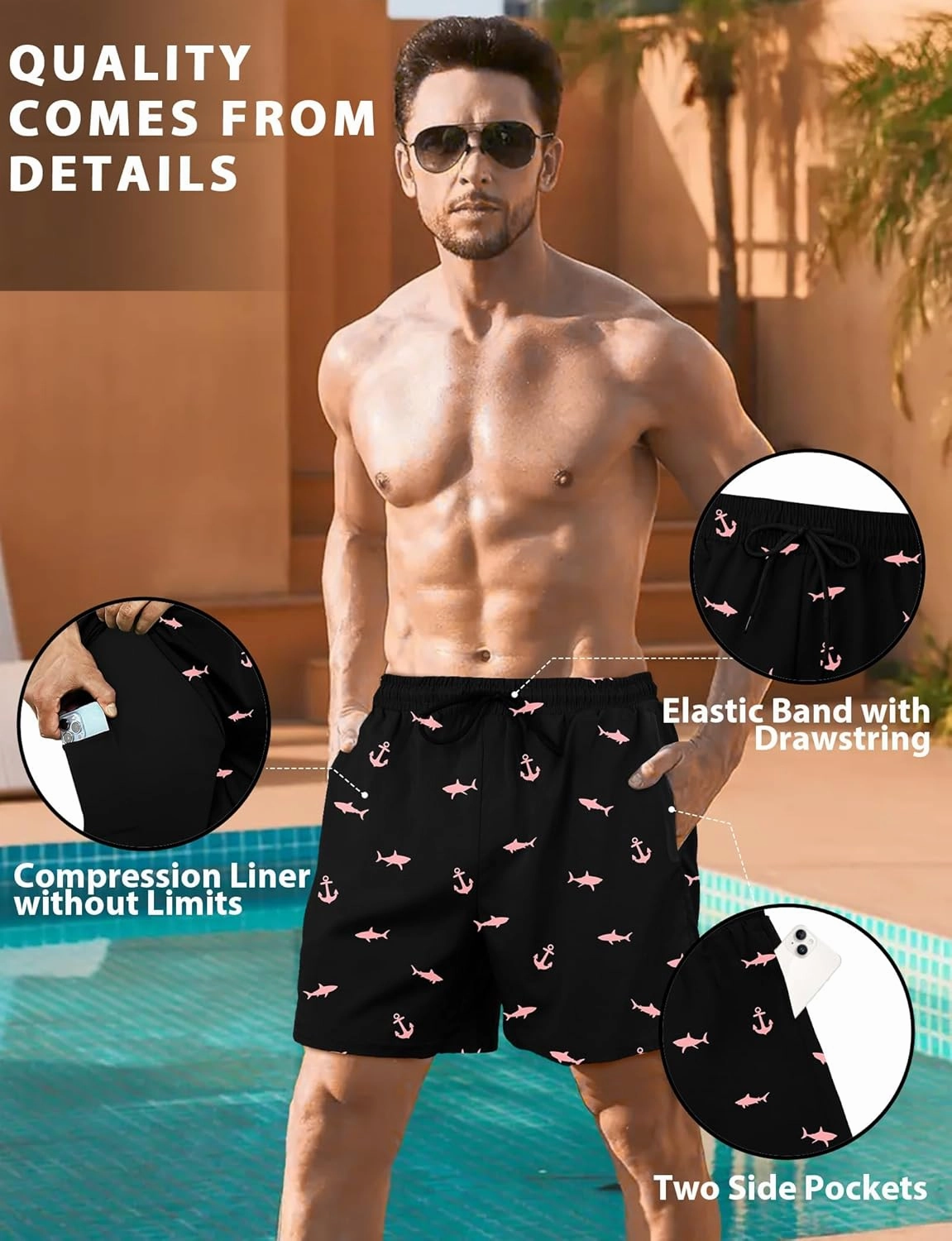 Buauty Mens Swim Trunks with Compression Liner 5 Inch Inseam Swim Shorts Quick Dry Mens Swimsuit Board Shorts with Pockets