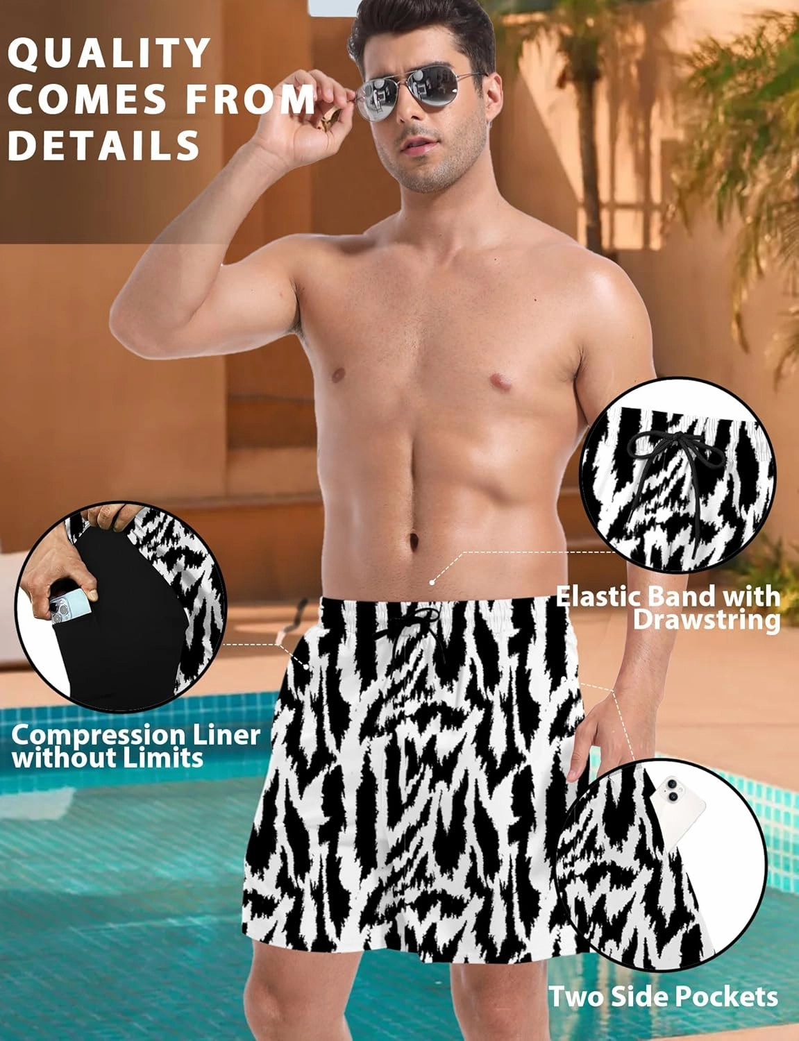 Buauty Mens Swim Trunks with Compression Liner 5 Inch Inseam Swim Shorts Quick Dry Mens Swimsuit Board Shorts with Pockets