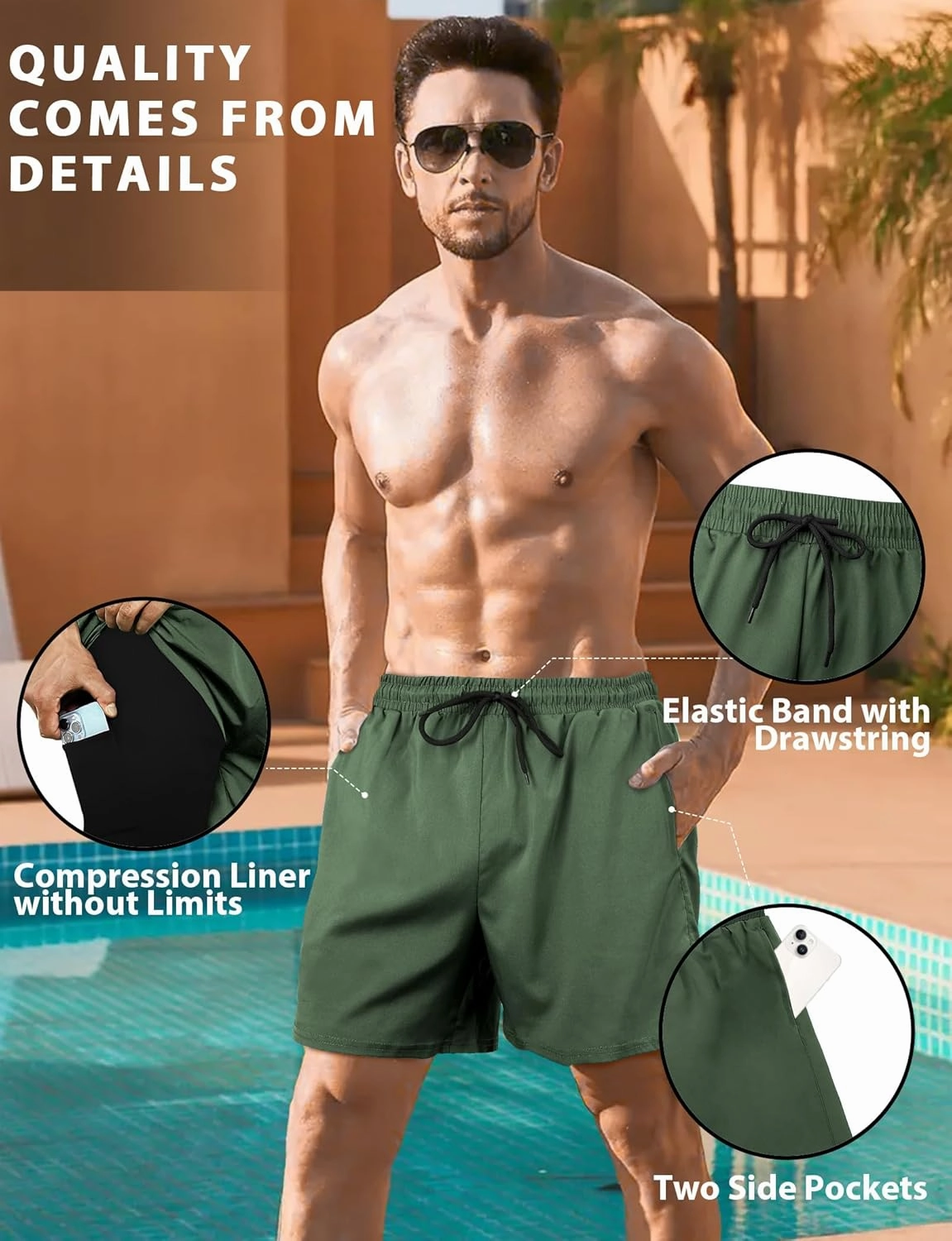 Buauty Mens Swim Trunks with Compression Liner 7 Inch Inseam Quick Dry Swim Shorts Mens Swimsuit Board Shorts with Pockets