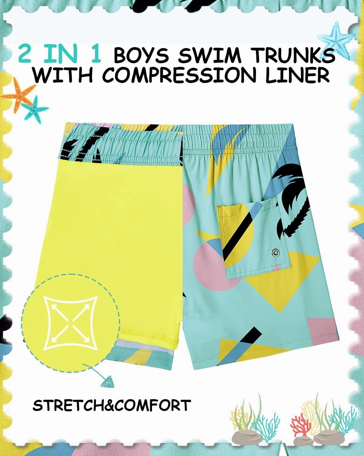 Century Star Boys Swim Trunks Shorts with Compression Liner Pockets Quick Dry Toddlers Bathing Suit for Big Kids Swimwear