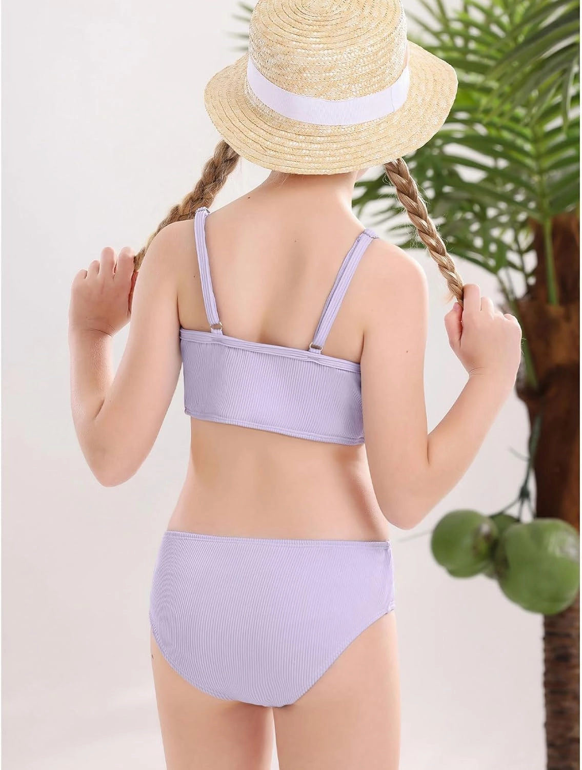 Century Star Girls Swimsuit 2-Piece Ribbed Bikini Set Adjustable Strap Bathing Suits for Teens Swimwear Solid