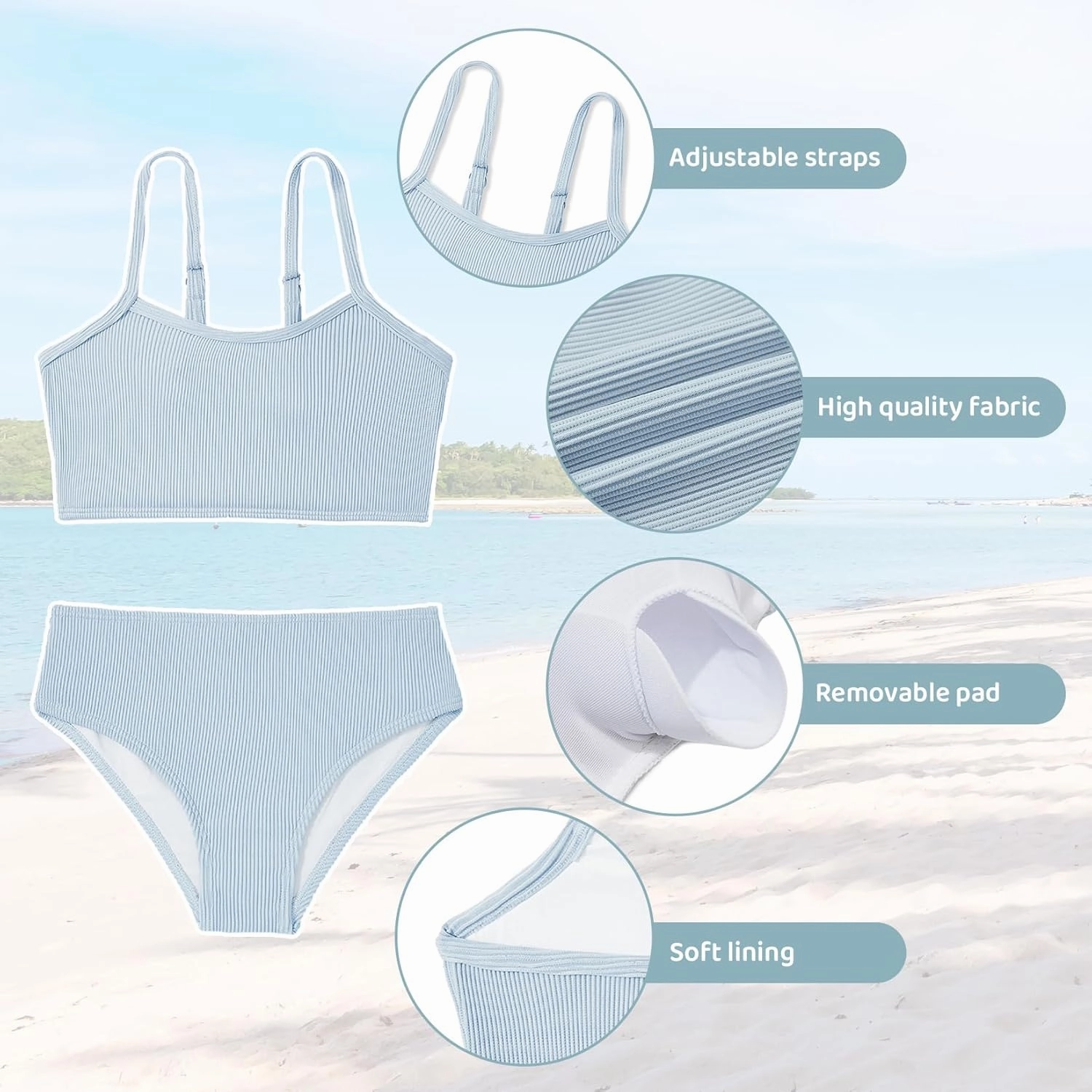 Century Star Girls Swimsuit 2-Piece Ribbed Bikini Set Adjustable Strap Bathing Suits for Teens Swimwear Solid