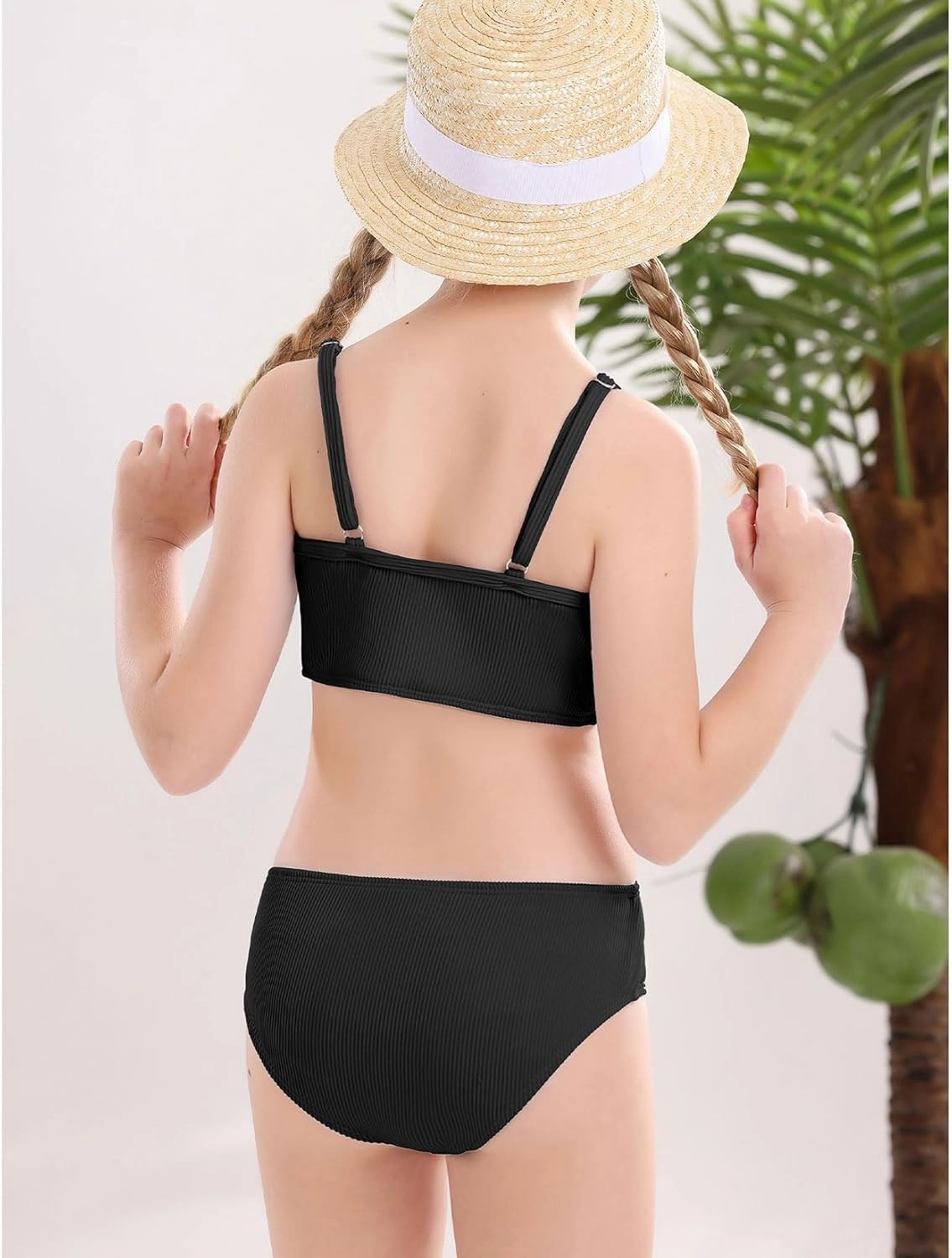 Century Star Girls Swimsuit 2-Piece Ribbed Bikini Set Adjustable Strap Bathing Suits for Teens Swimwear Solid