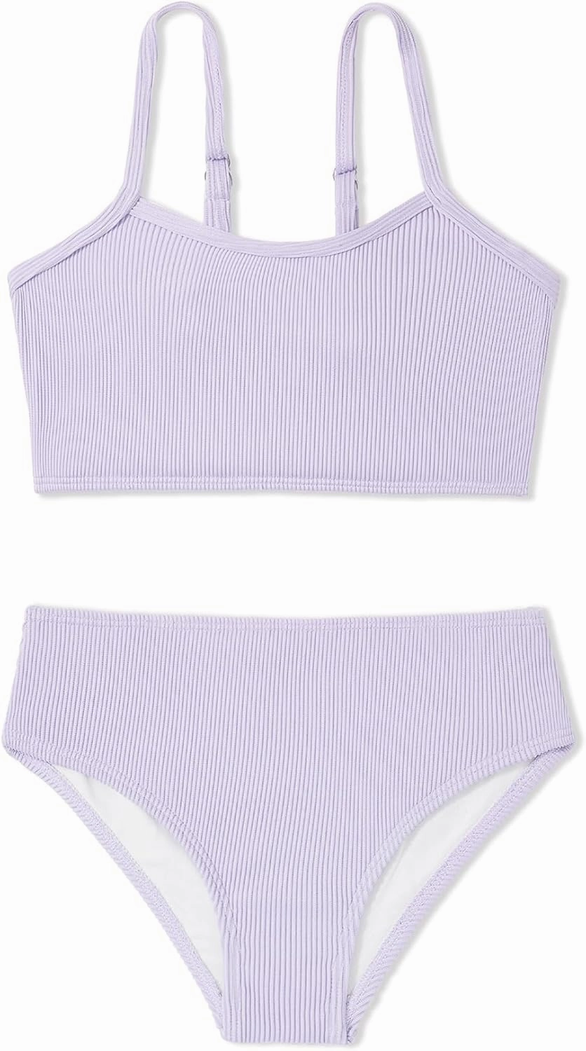 Century Star Girls Swimsuit 2-Piece Ribbed Bikini Set Adjustable Strap Bathing Suits for Teens Swimwear Solid