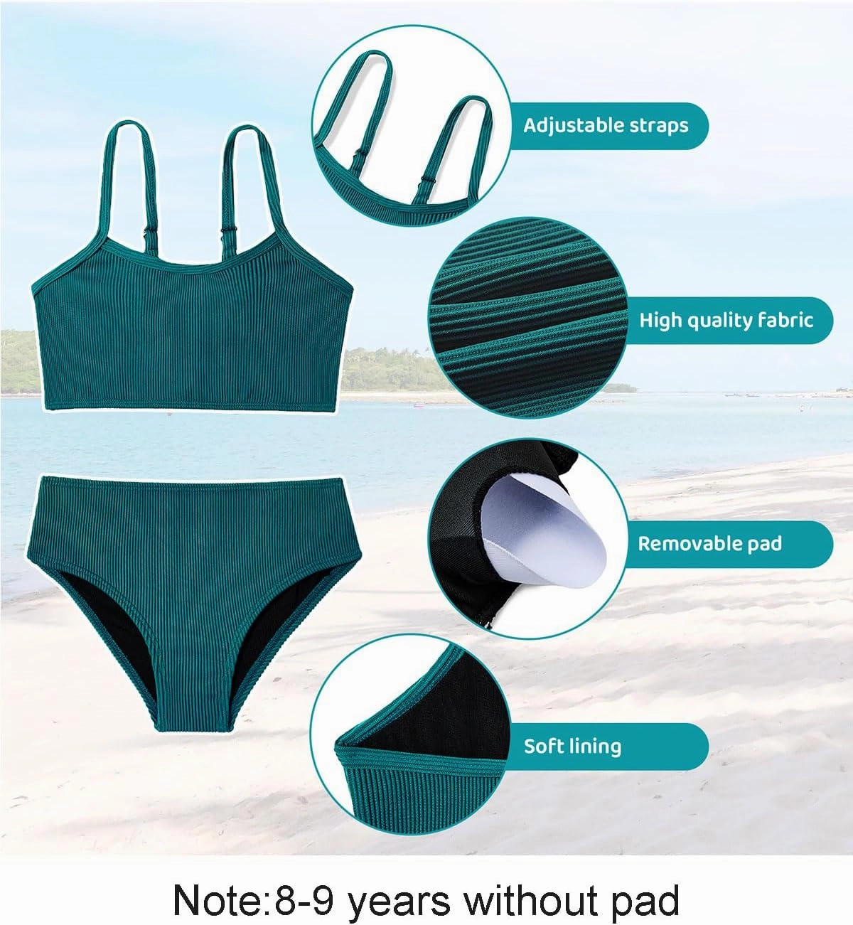 Century Star Girls Swimsuit 2-Piece Ribbed Bikini Set Adjustable Strap Bathing Suits for Teens Swimwear Solid