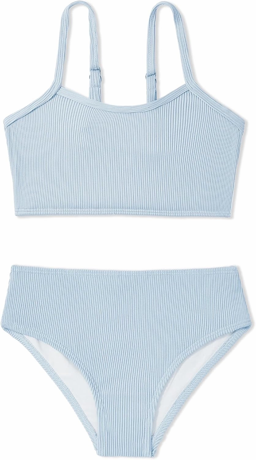 Century Star Girls Swimsuit 2-Piece Ribbed Bikini Set Adjustable Strap Bathing Suits for Teens Swimwear Solid
