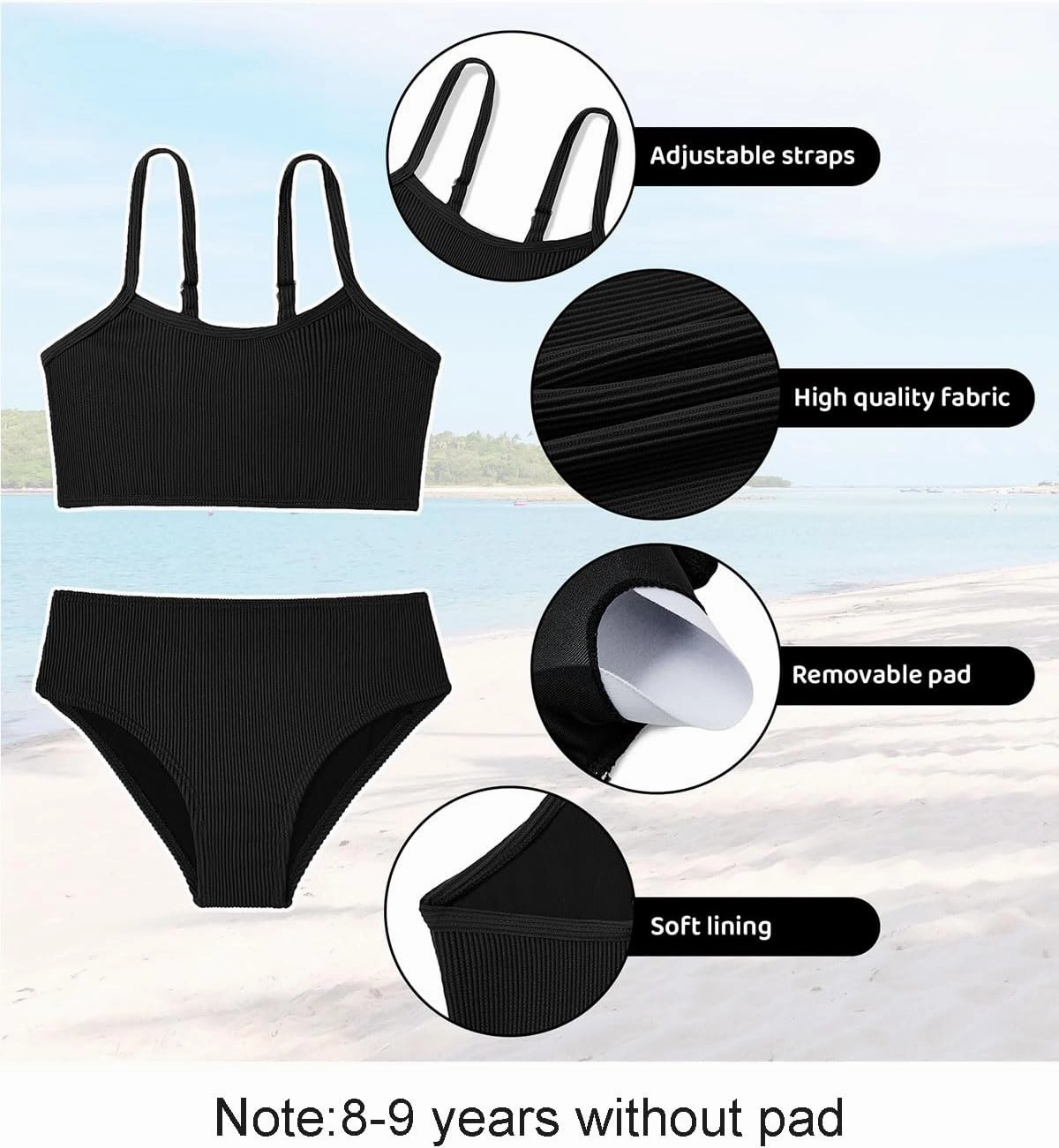 Century Star Girls Swimsuit 2-Piece Ribbed Bikini Set Adjustable Strap Bathing Suits for Teens Swimwear Solid