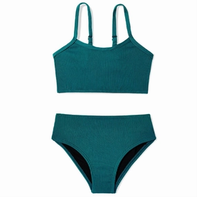 Century Star Girls Swimsuit 2-Piece Ribbed Bikini Set Adjustable Strap Bathing Suits for Teens Swimwear Solid