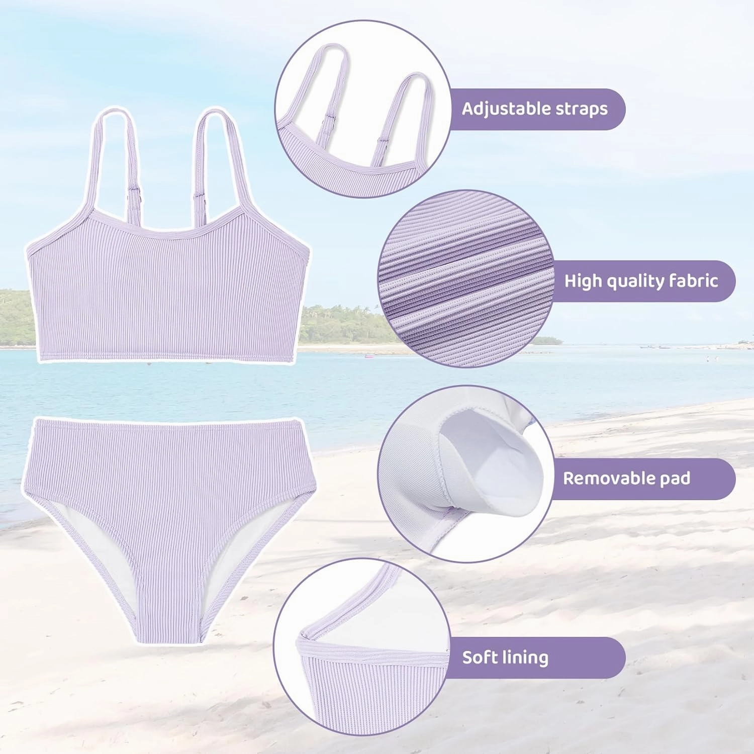 Century Star Girls Swimsuit 2-Piece Ribbed Bikini Set Adjustable Strap Bathing Suits for Teens Swimwear Solid
