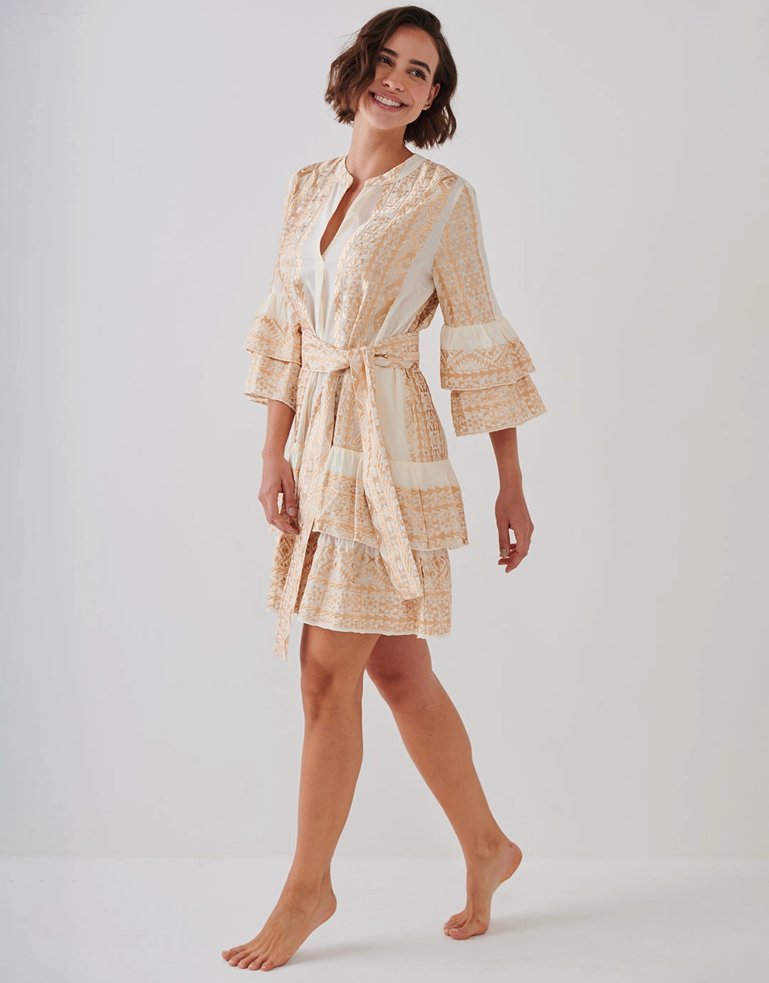 Classic Triangle Layered Mini Dress with Sash - Natural and Gold