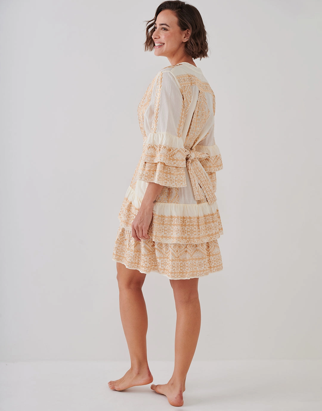 Classic Triangle Layered Mini Dress with Sash - Natural and Gold