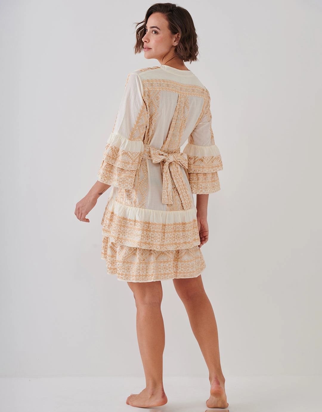 Classic Triangle Layered Mini Dress with Sash - Natural and Gold