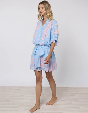 Cotton Blouson Dress with Butterfly Embroidery - Blue and Neon Pink