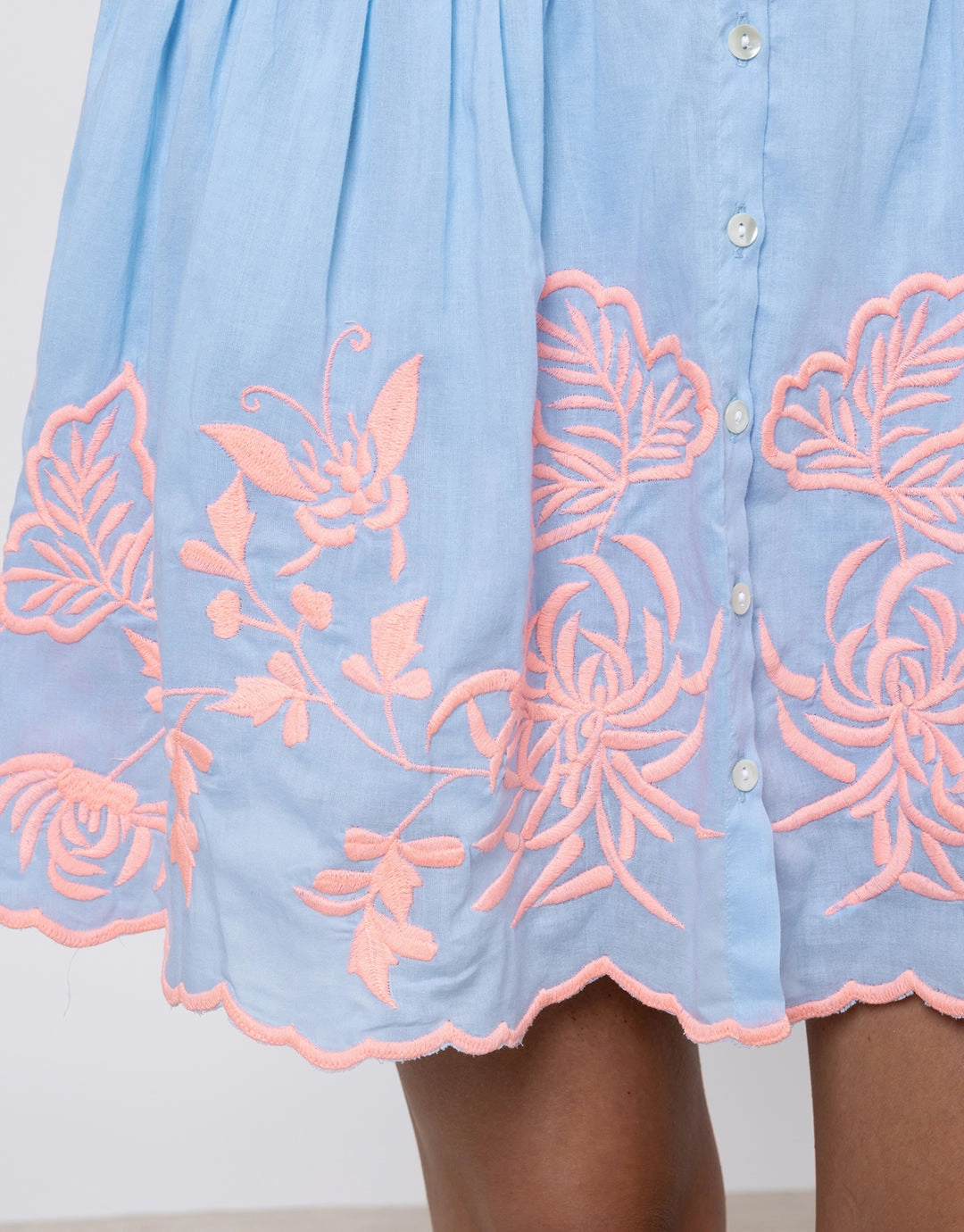 Cotton Blouson Dress with Butterfly Embroidery - Blue and Neon Pink