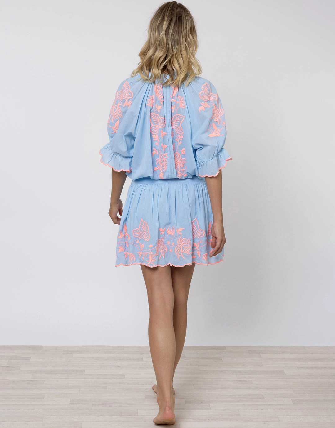 Cotton Blouson Dress with Butterfly Embroidery - Blue and Neon Pink