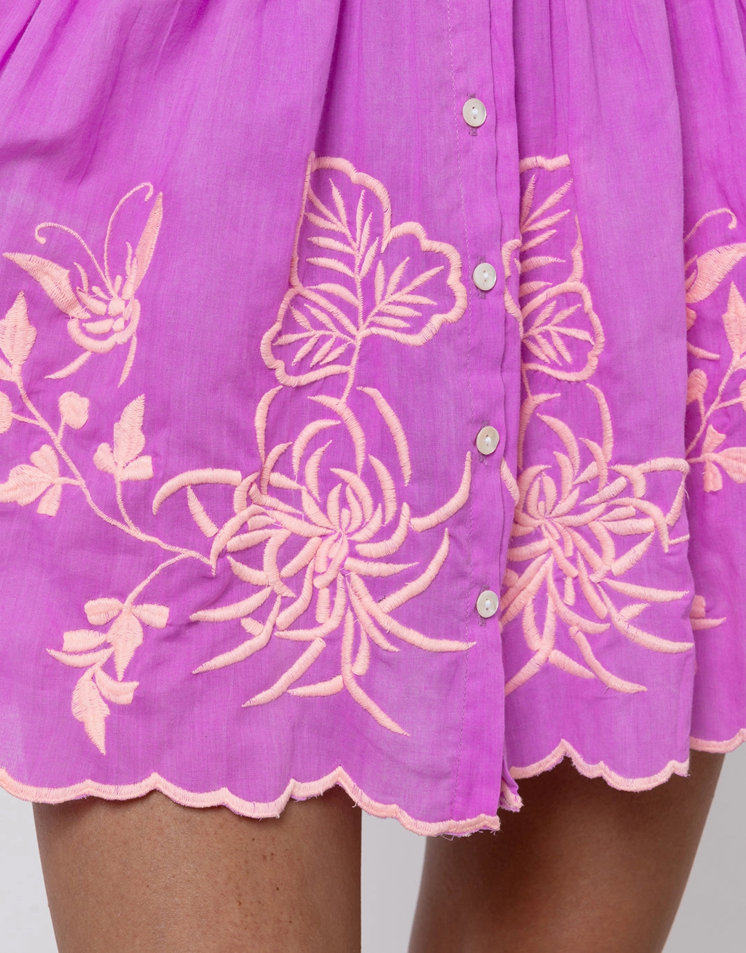 Cotton Blouson Dress with Butterfly Embroidery - Violet and Neon Peach