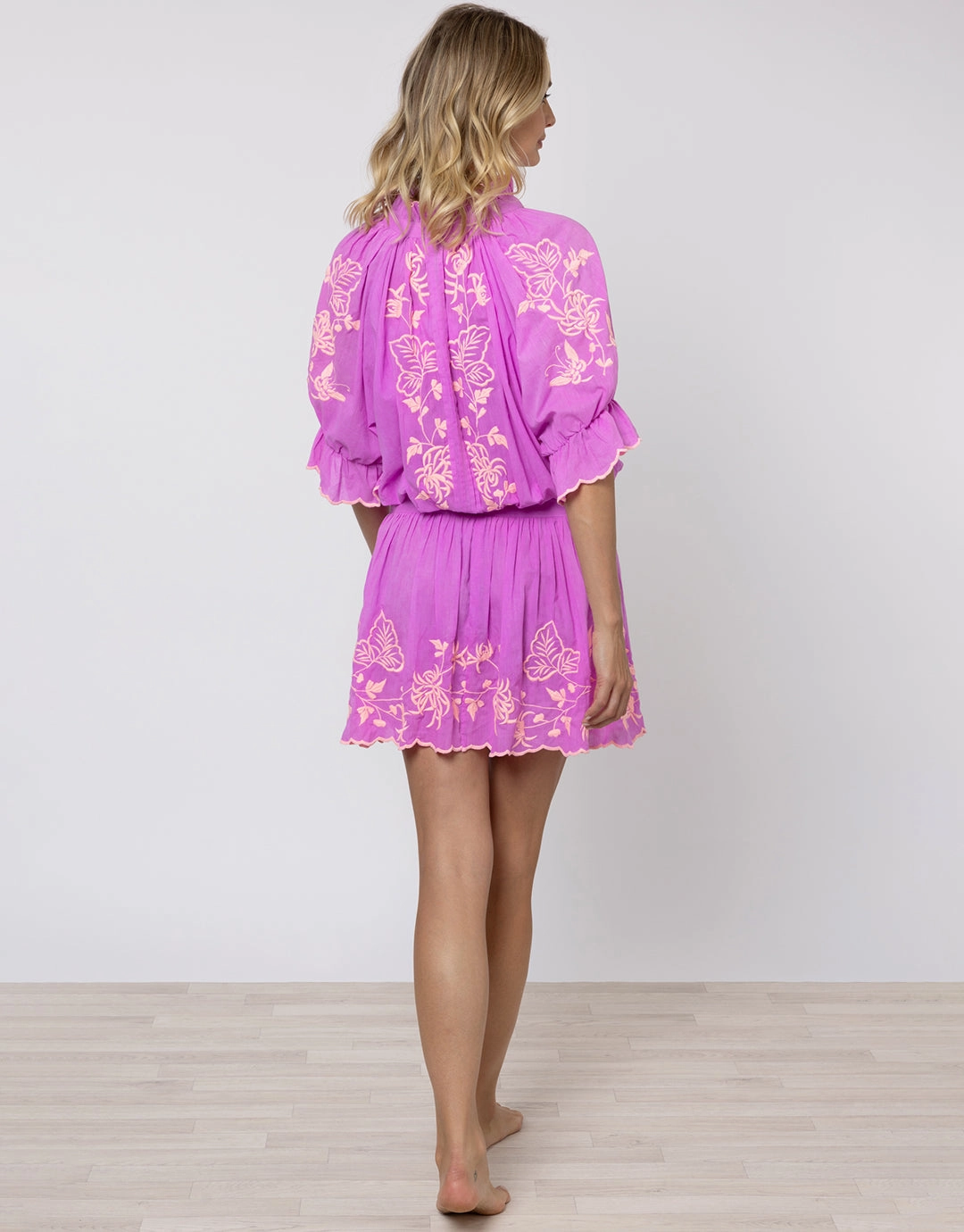 Cotton Blouson Dress with Butterfly Embroidery - Violet and Neon Peach