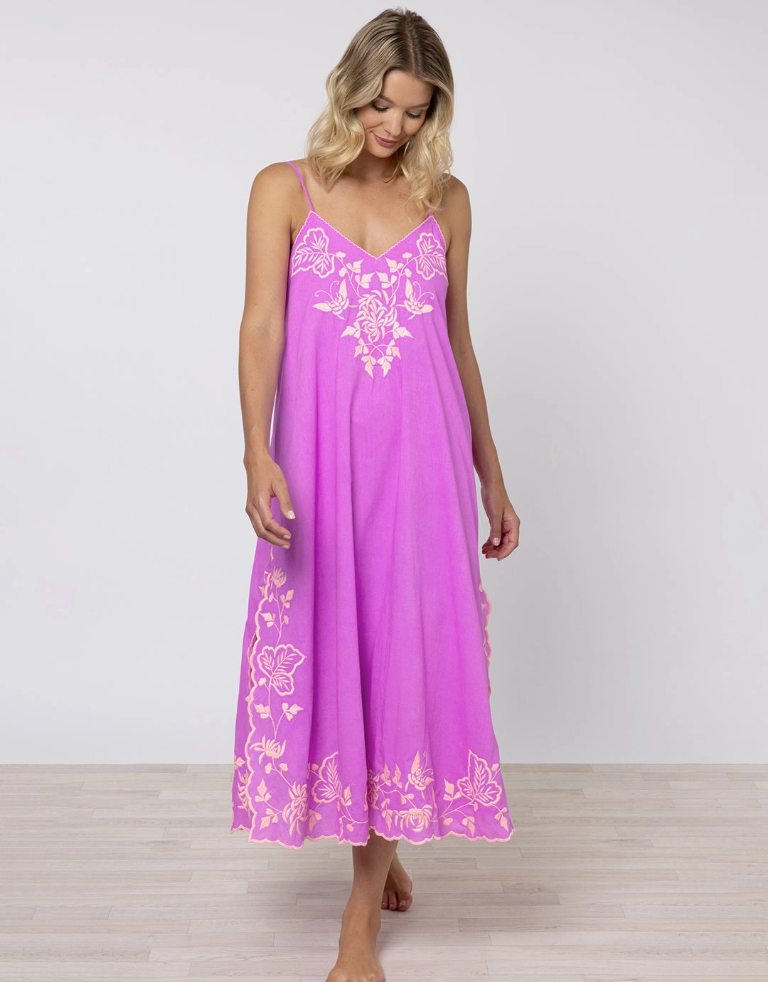 Cotton V-Neck Slip Dress with Butterfly Embroidery - Violet and Neon Peach