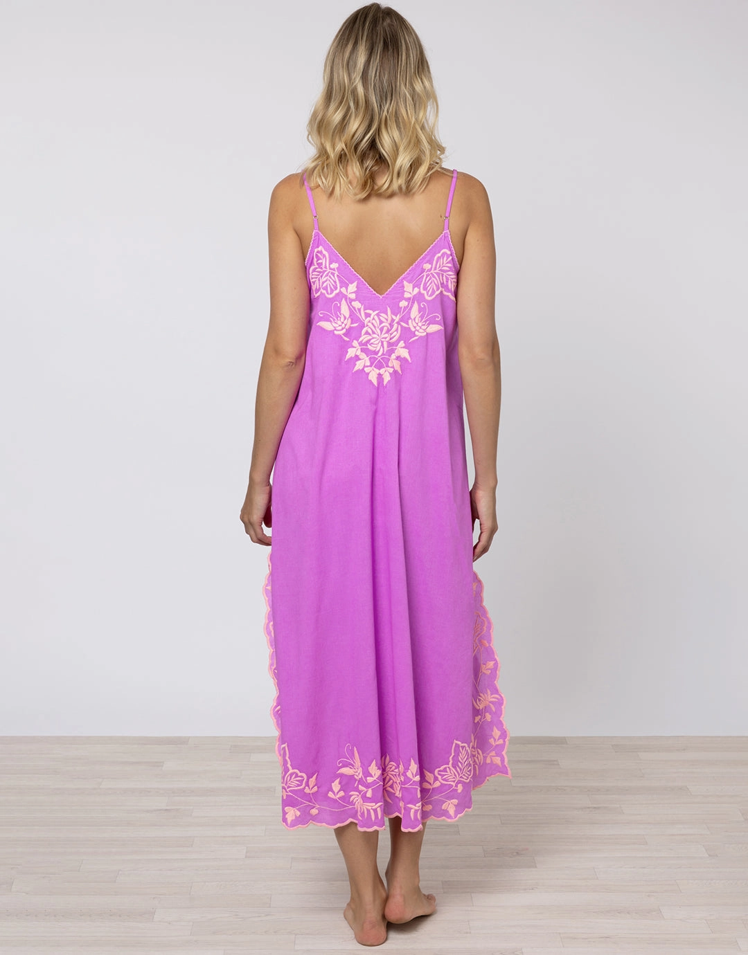Cotton V-Neck Slip Dress with Butterfly Embroidery - Violet and Neon Peach