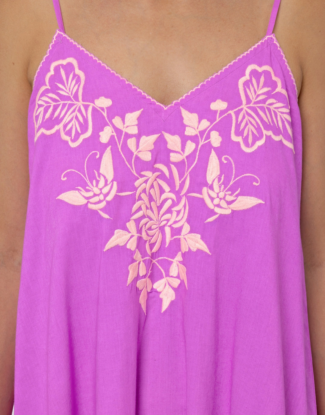 Cotton V-Neck Slip Dress with Butterfly Embroidery - Violet and Neon Peach