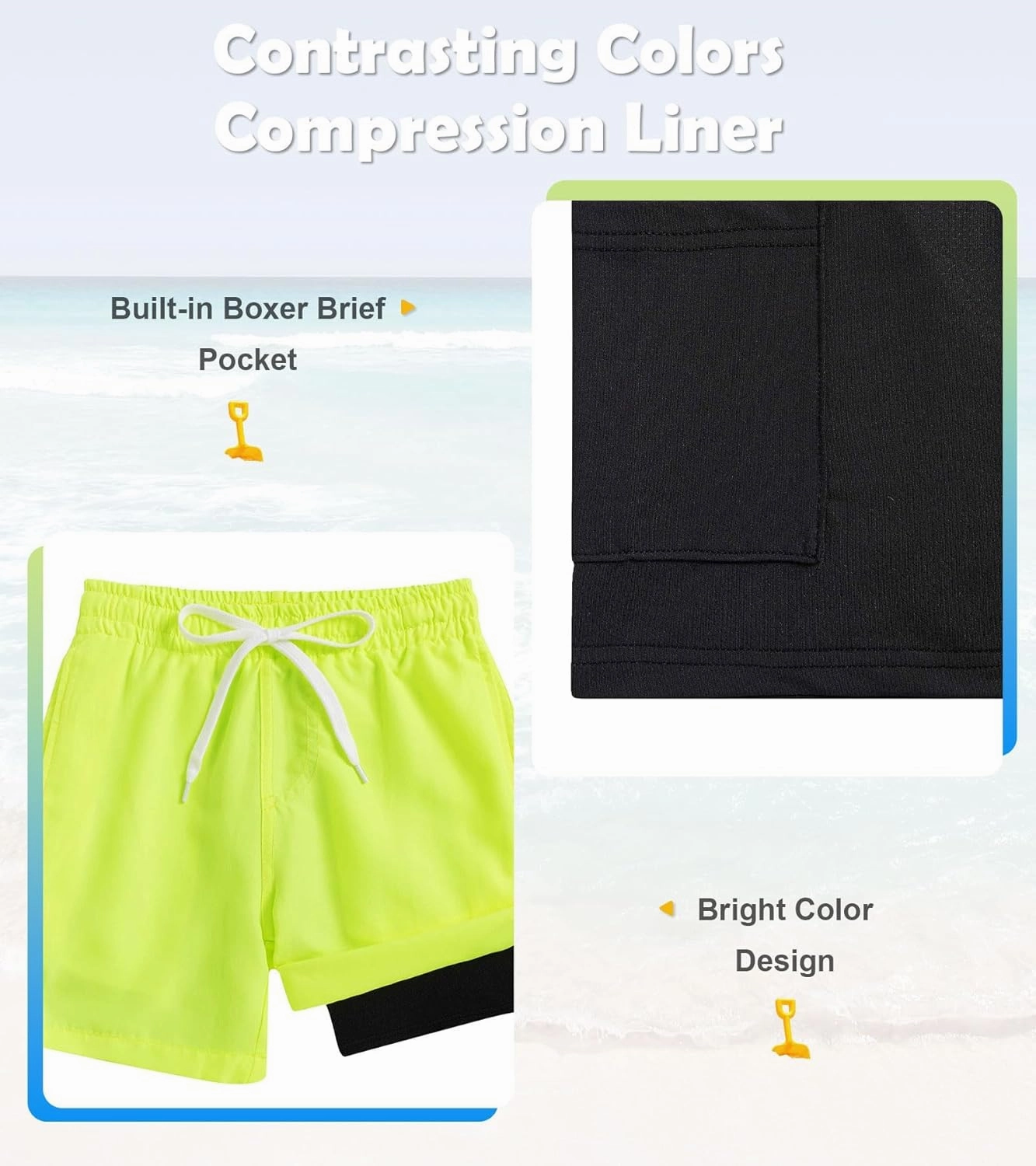 Cozople 7-20T Boys Swim Trunks with Compression Liner Solid Color Bathing Suit Quick Dry Swim Shorts Swimwear
