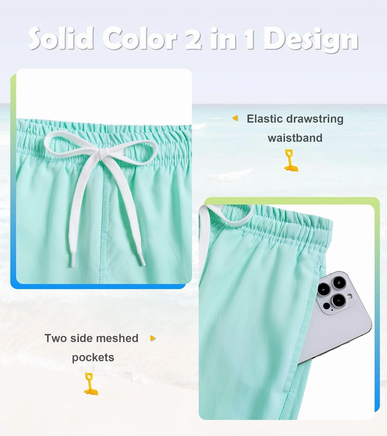 Cozople 7-20T Boys Swim Trunks with Compression Liner Solid Color Bathing Suit Quick Dry Swim Shorts Swimwear