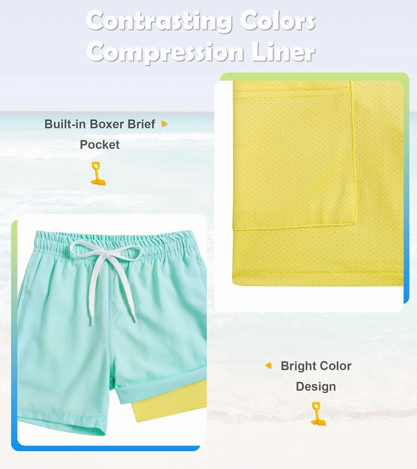 Cozople 7-20T Boys Swim Trunks with Compression Liner Solid Color Bathing Suit Quick Dry Swim Shorts Swimwear