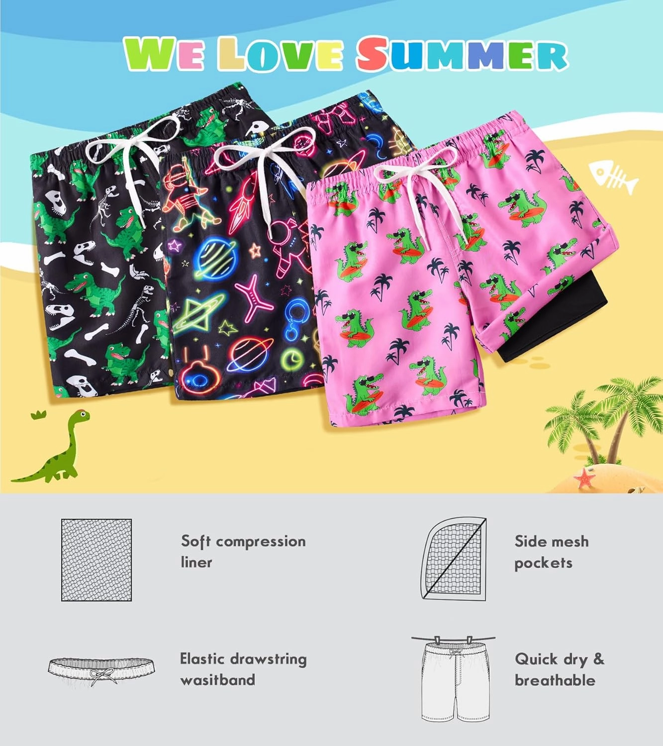 Cozople Boys Swim Trunks Compression Liner Swim Shorts Quick Dry Bathing Suit with Boxer Brief Swimwear 4-10T