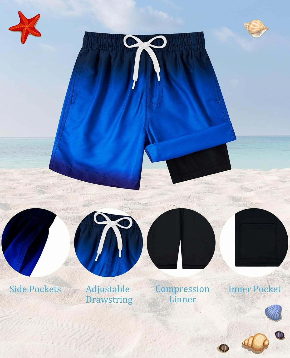 Cozople Boys Swim Trunks Quick Dry Compression Liner Swim Shorts Summer Bathing Suit with Inner Pocket Swimwear 7-20T