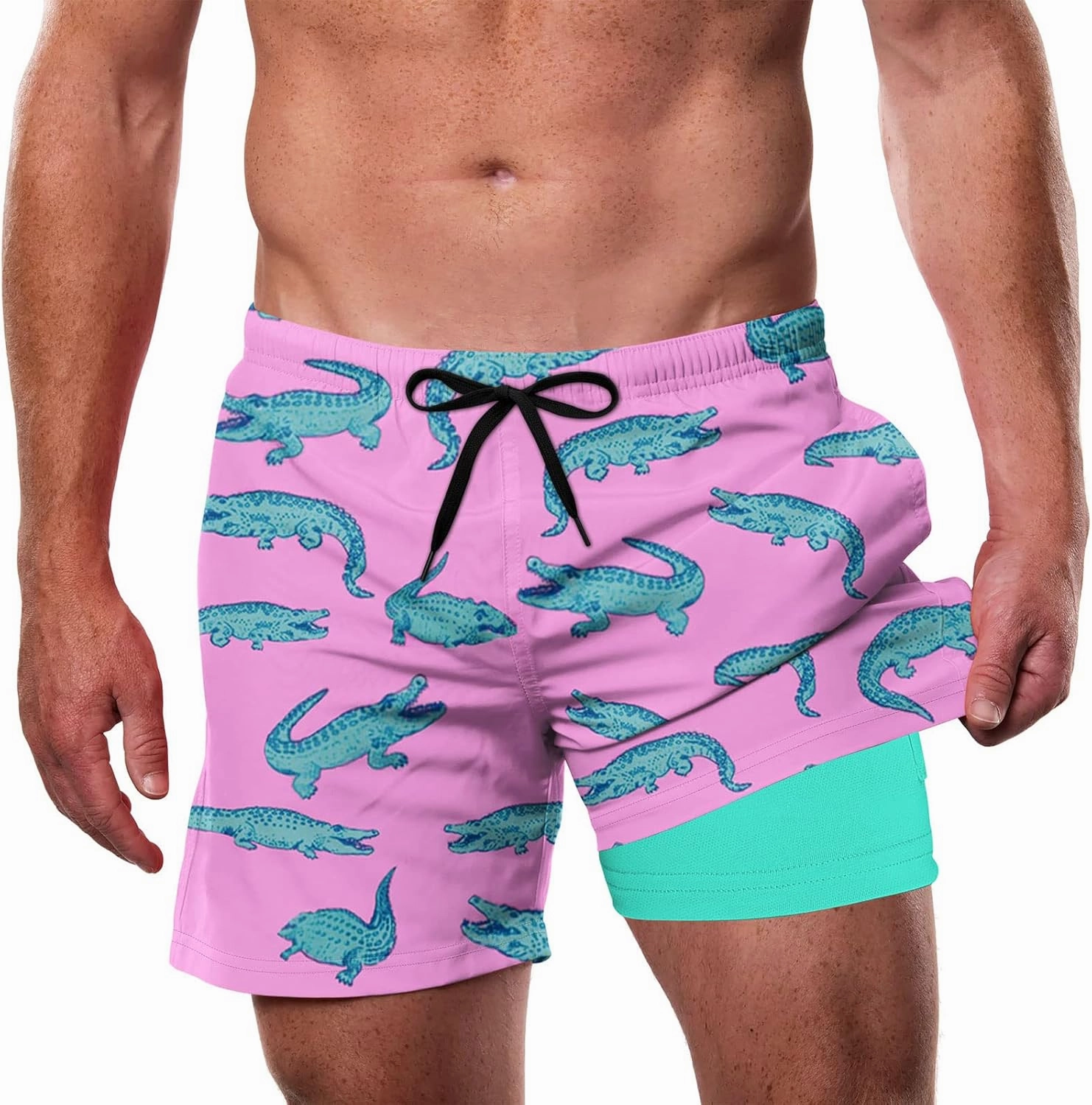 Cozople Men's Swim Trunks with Compression Liner 5.5" Inseam Quick Dry Bathing Suit Boxer Brief Lined Swim Shorts Swimwear