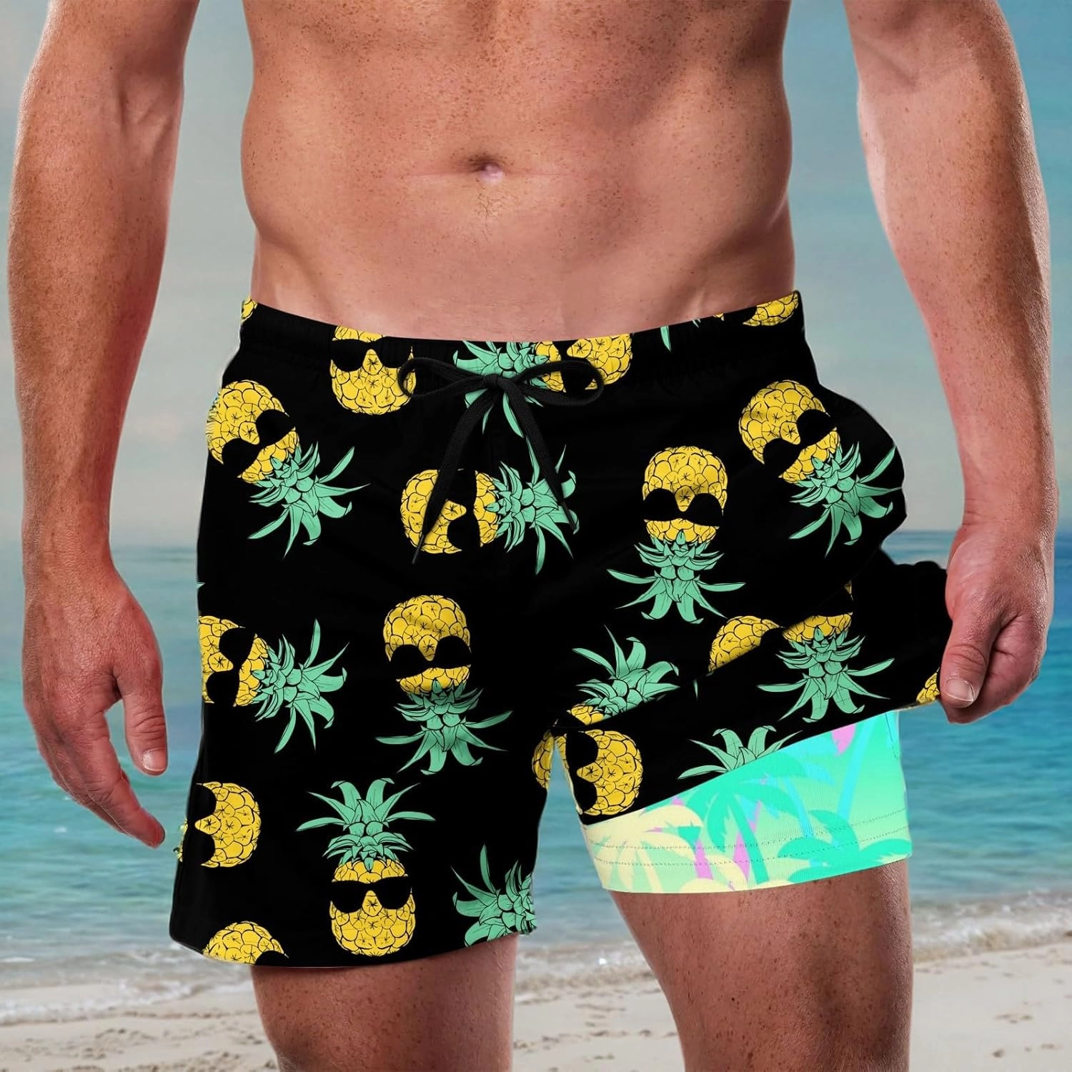 Cozople Men's Swim Trunks with Compression Liner 5.5" Inseam Quick Dry Bathing Suit Boxer Brief Lined Swim Shorts Swimwear