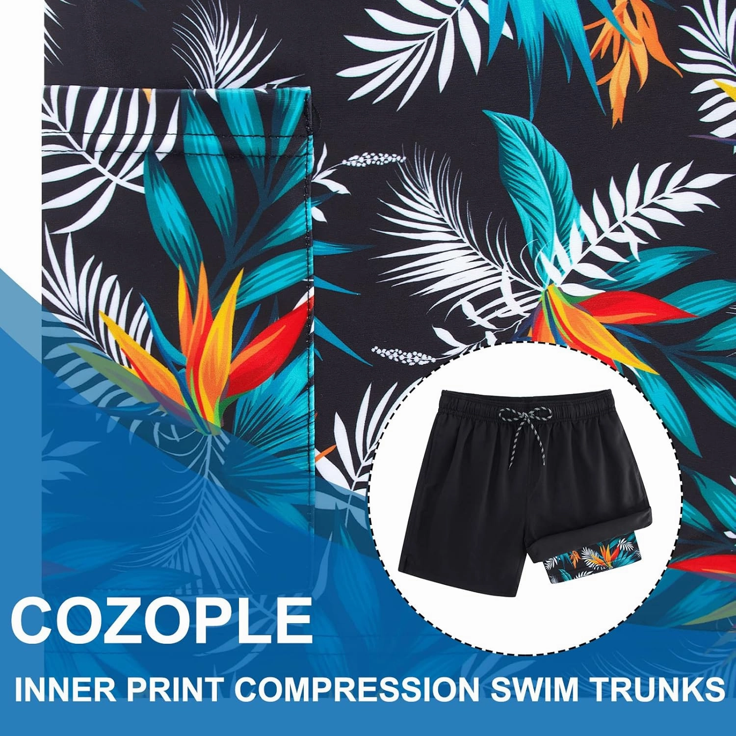 Cozople Mens Swim Trunks Quick Dry Bathing Suit with Compression Liner 5.5" Inseam Anti Chafe Beach Swim Shorts